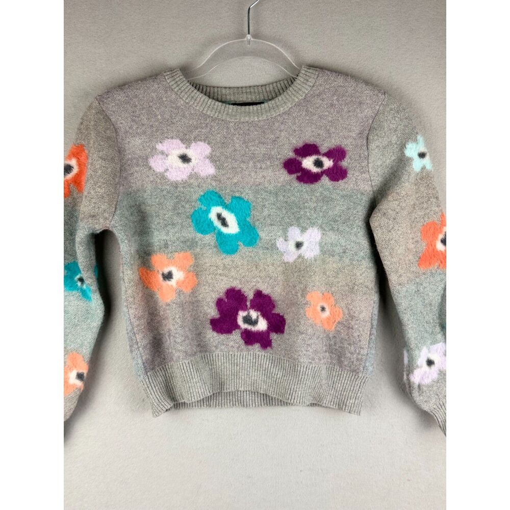 Andy & Evan Girls Size 8 Gray Fuzzy Floral Pullover Sweater Multicolor Flowers